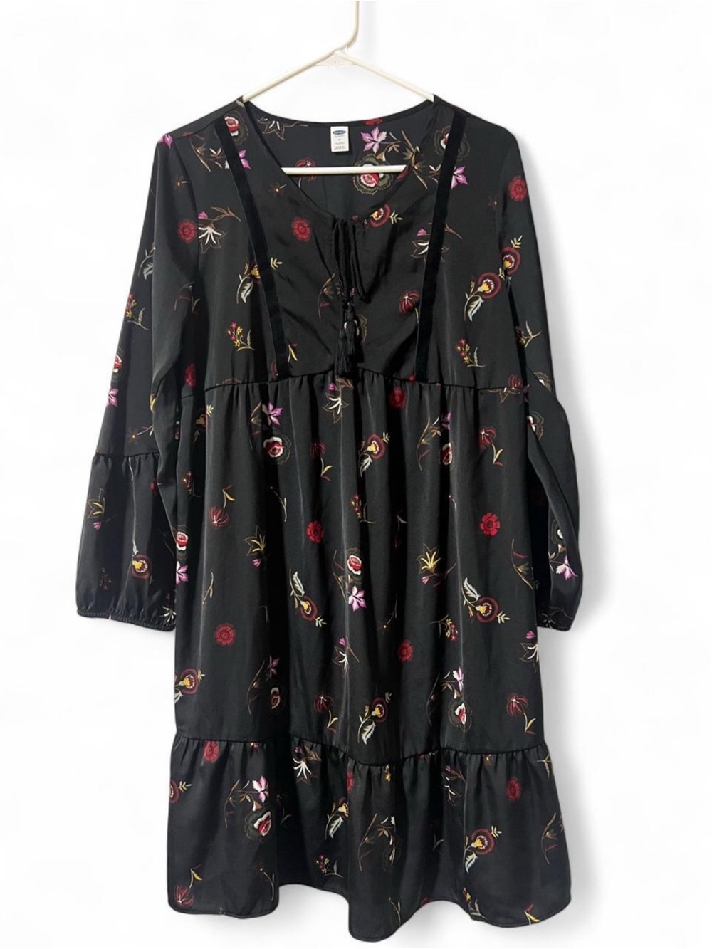 Old Navy Black Floral Tiered Long-Sleeve Dress